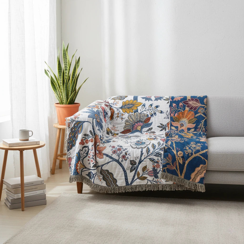 Floral Throw Blanket with Tassels | Bohemian Sofa Accent