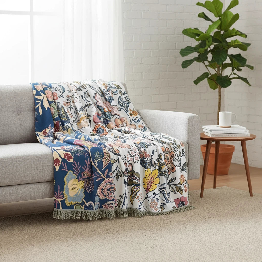 Floral Throw Blanket with Tassels | Bohemian Sofa Accent