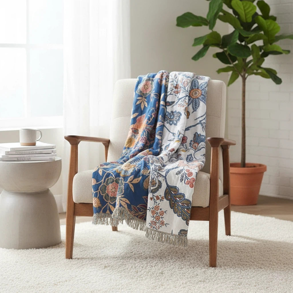 Floral Throw Blanket with Tassels | Bohemian Sofa Accent