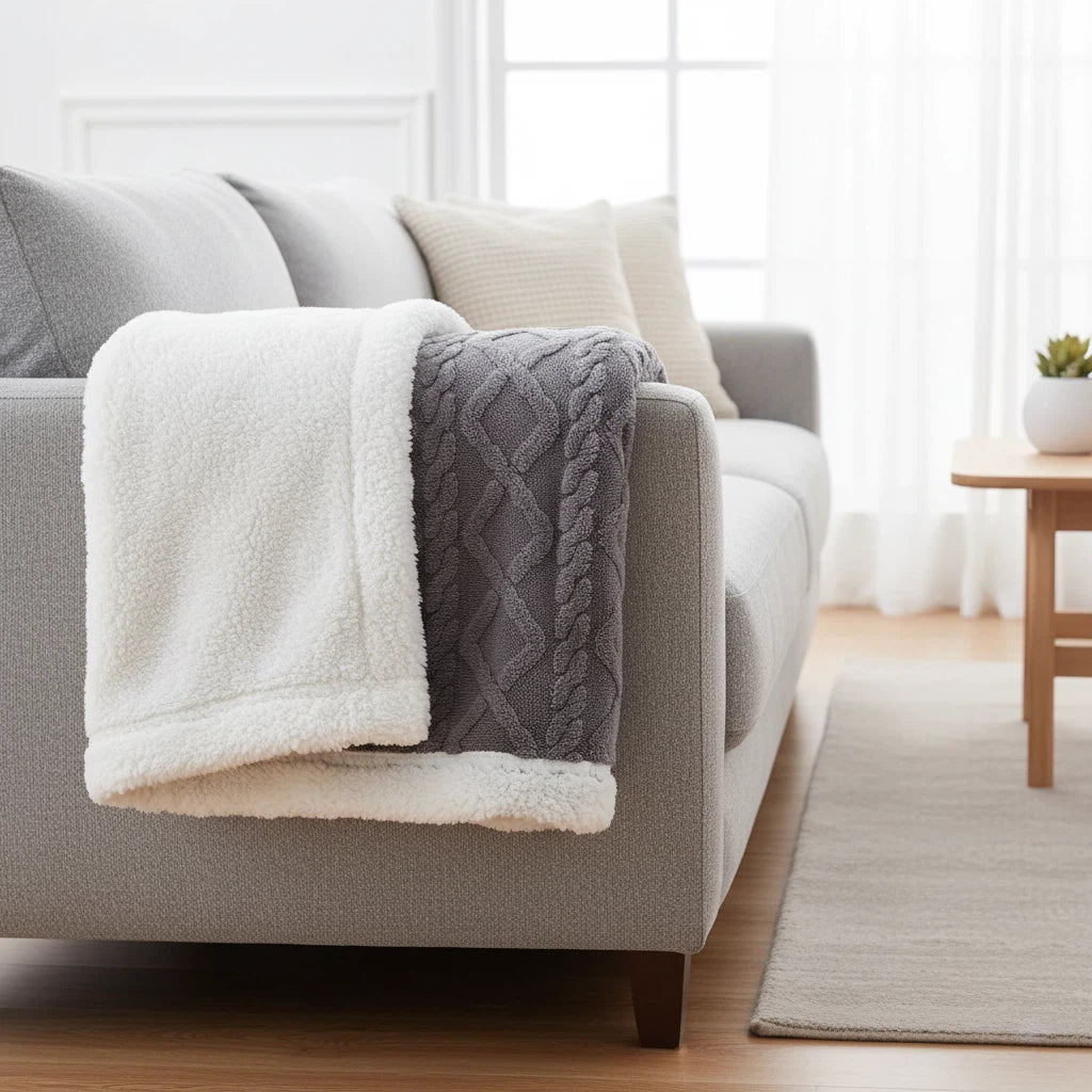 Sherpa Feel Throw Blanket | Reversible Cozy Home Layer