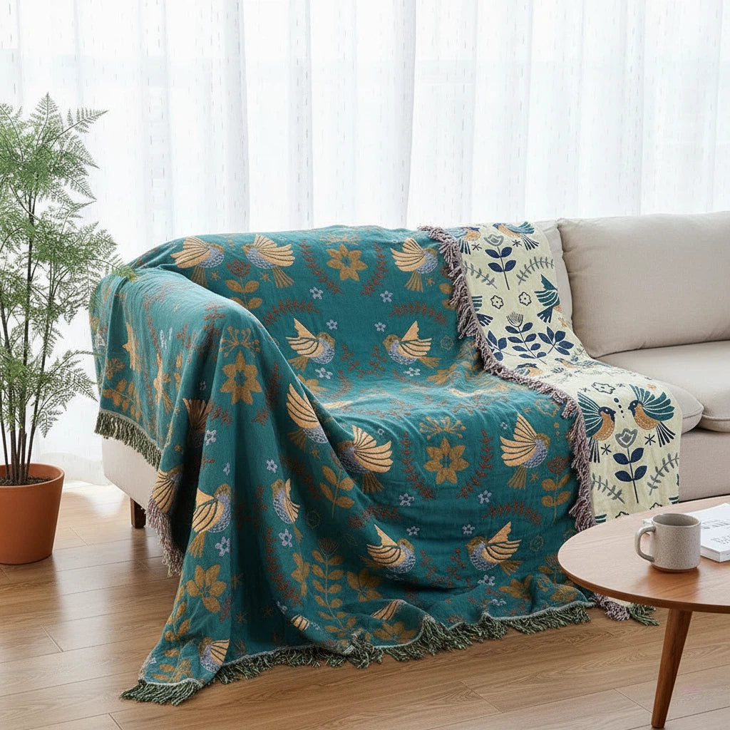 Reversible Bird Pattern Throw Blanket | Nordic Cozy Accent