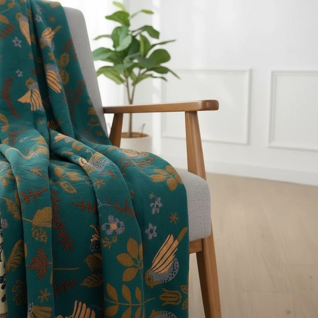 Reversible Bird Pattern Throw Blanket | Nordic Cozy Accent