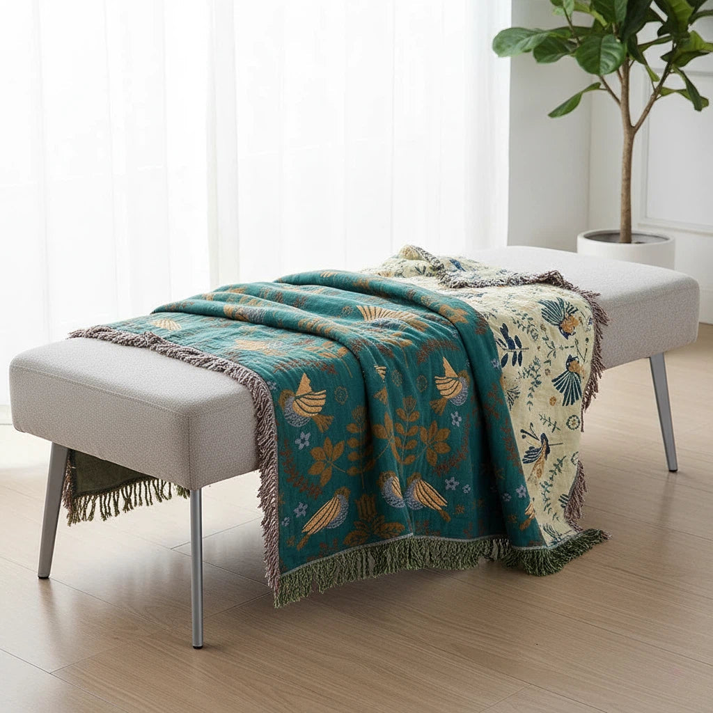 Reversible Bird Pattern Throw Blanket | Nordic Cozy Accent