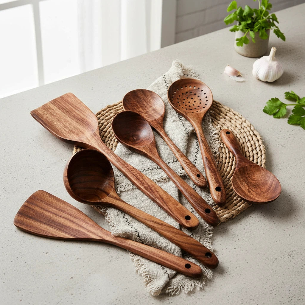 Teak Finish Kitchen Utensil Set | Modern Countertop Essentials