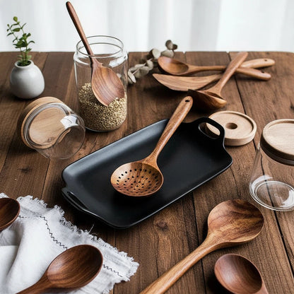 Teak Finish Kitchen Utensil Set | Modern Countertop Essentials