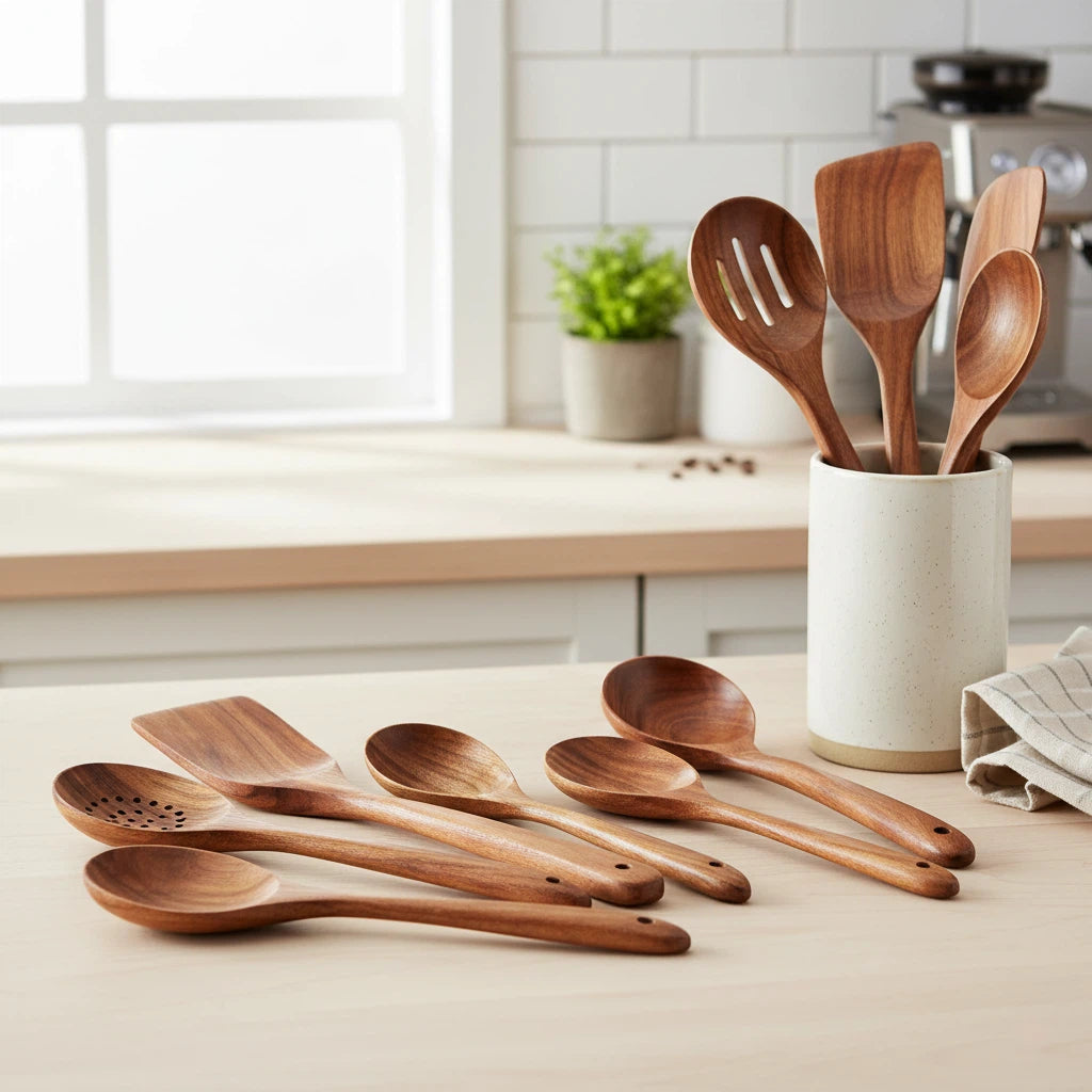 Teak Finish Kitchen Utensil Set | Modern Countertop Essentials