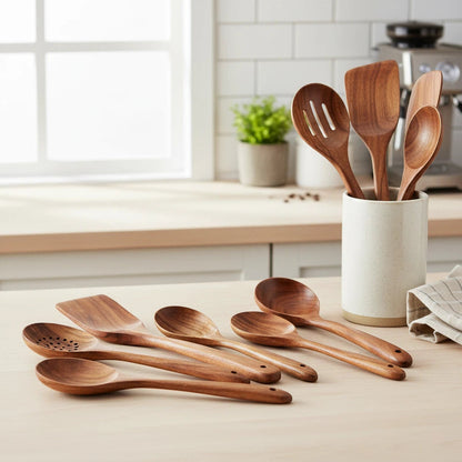 Teak Finish Kitchen Utensil Set | Modern Countertop Essentials