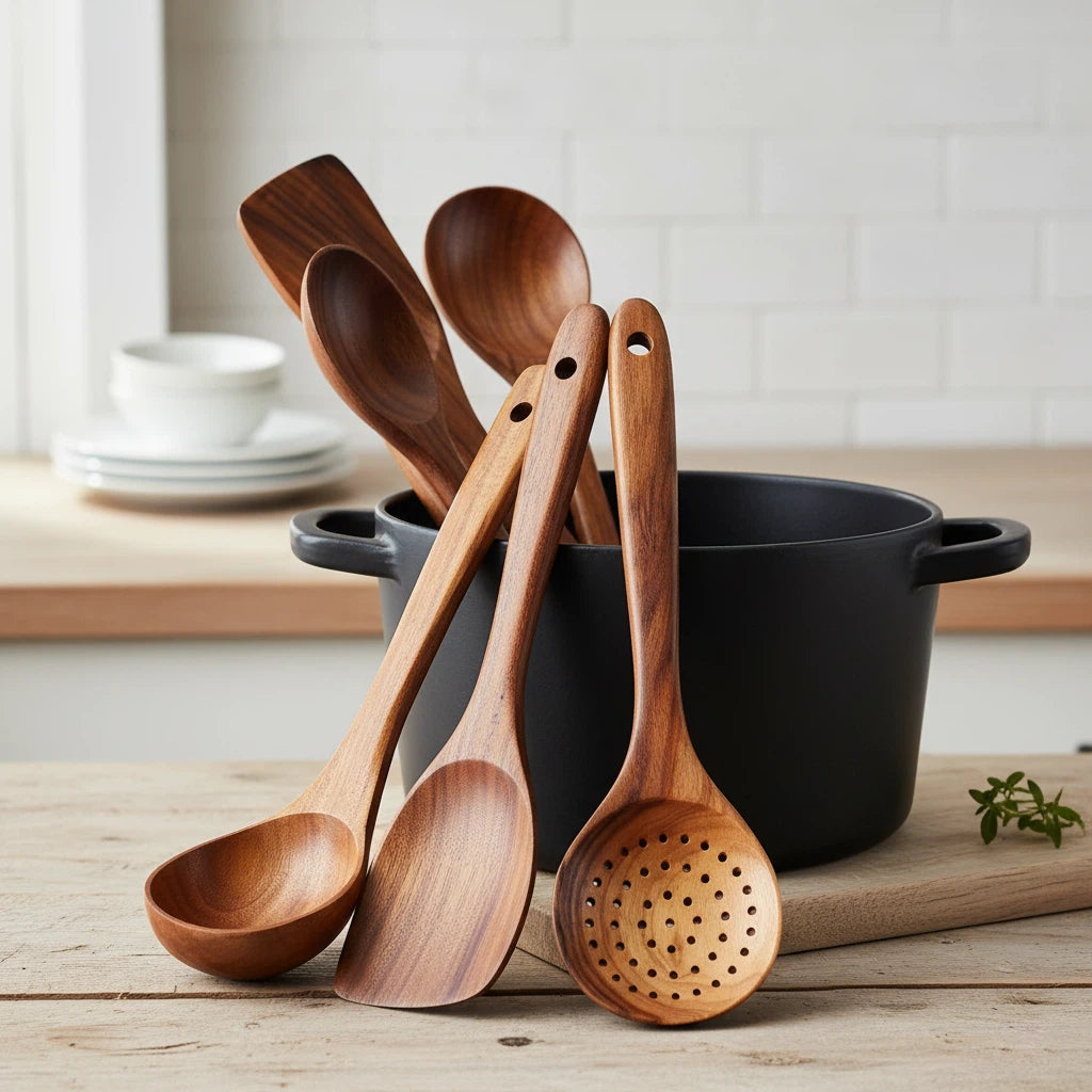 Teak Finish Kitchen Utensil Set | Modern Countertop Essentials